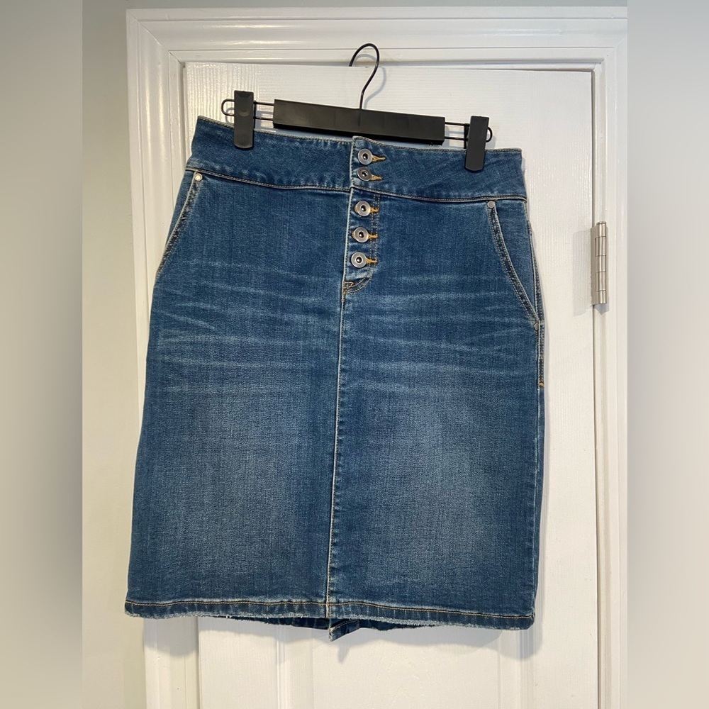 Prana Size 2 Denim Pencil Mini Skirt Button Fly Organic Cotton Blue Casual
